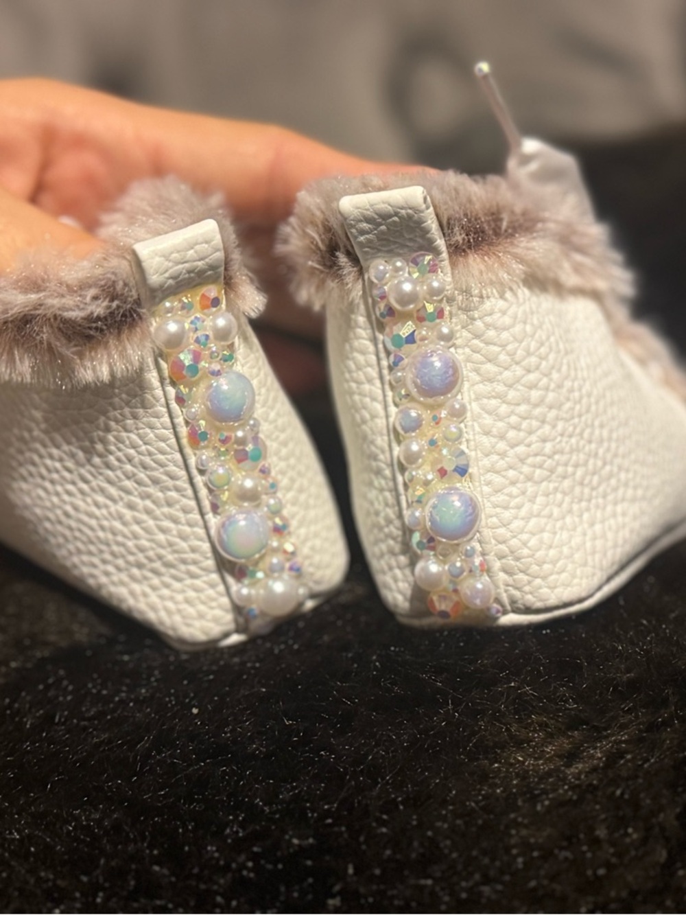 Cream Faux-Fur Trim Baby Booties with Satin Bow